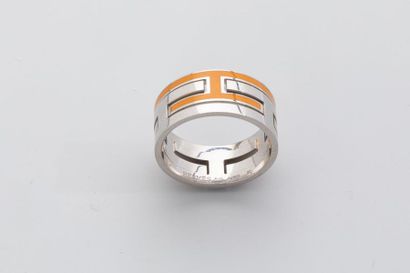 null HERMES - Bague anneau "Labyrinthe" en argent 925mm partiellement émaillé orange...