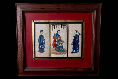 null Chine, Canton, début XXème siècle. Trois peintures formant un triptyque figurant...