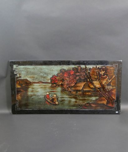 null VIETNAM. Lacquered panel with lake landscape. 100x150cm/ Rare chips and scr...