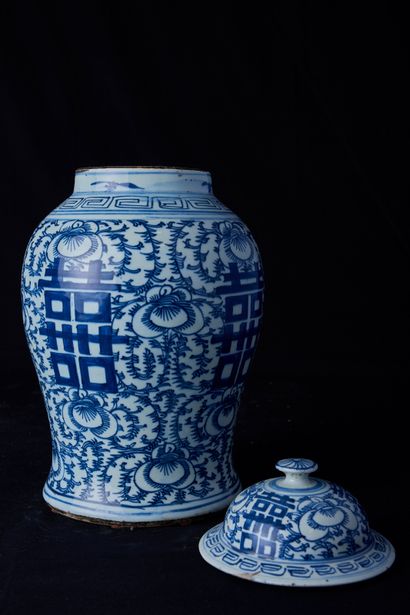 null Chine, fin des Qing, circa 1900. Potiche en porcelaine émaillée blanc bleu à...