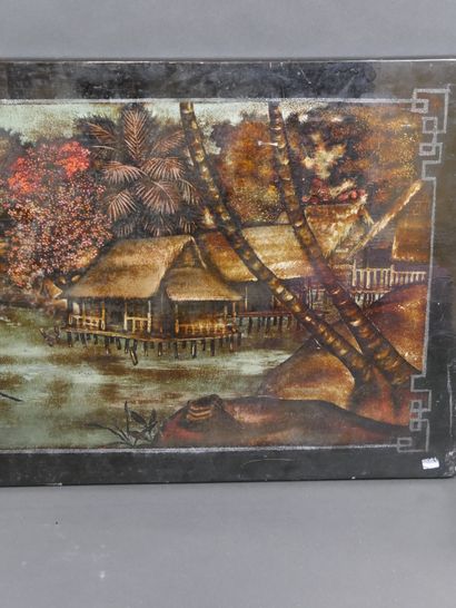 null VIETNAM. Lacquered panel with lake landscape. 100x150cm/ Rare chips and scr...