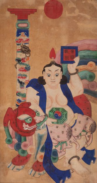 null CHINA, 20th century. Painting of an opulent deity (wen shu pusa?) seated on...