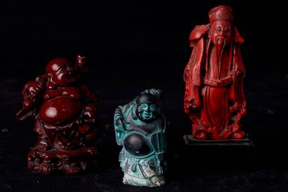 null Chine, XXème siècle. Bouddha de prospérité en pierre laquée brun rouge imitant...