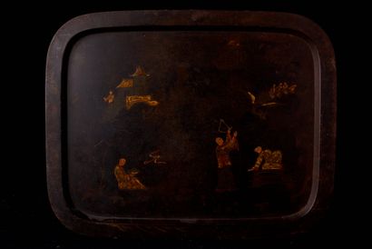null China, 20th century. Metal tray decorated with scenes involving mysterious animals....