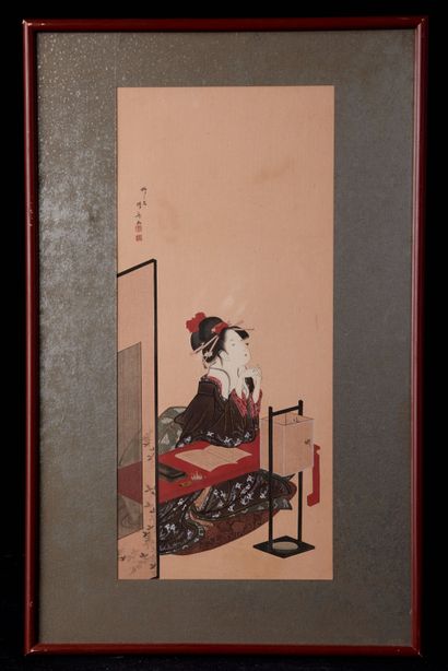 null Japan, early 20th century. Print representing a woman sitting at her work table....