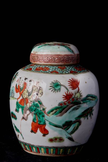 null China, 20th century. Polychrome enamelled porcelain covered pot representing...