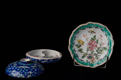 null China, early 20th century. An enamelled porcelain bowl and lenticular box, decorated...