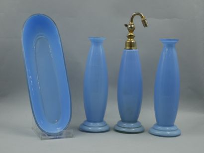 null Sky blue glass toiletries kit, including 1 spray bottle (part of the frame missing),...
