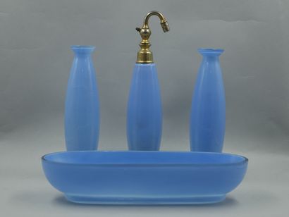 null Sky blue glass toiletries kit, including 1 spray bottle (part of the frame missing),...