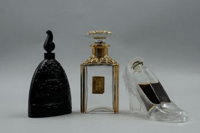 null Set of 3 bottles including 1 Christianne de Junianne black glass bottle with...