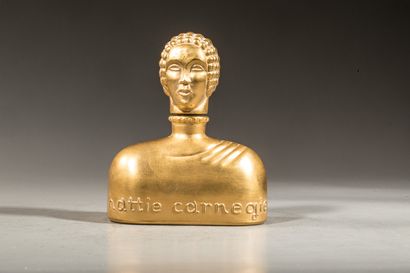 null HATTIE CARNEGIE Bottle in colourless pressed gold lacquered glass, featuring...