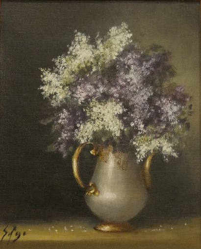 null Sylviane GROSSET-PEZE (1947-2007) - Bouquet au vase à une anse - Huile sur toile...