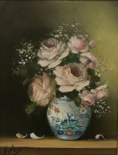 null Sylviane GROSSET-PEZE (1947-2007) - Bouquet au vase asiatique - Huile sur toile...