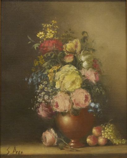 null Sylviane GROSSET-PEZE (1947-2007) - Bouquet au vase cuivré - Huile sur toile...