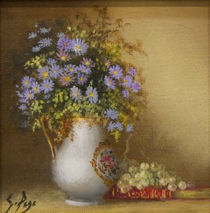 null Sylviane GROSSET-PEZE (1947-2007) - Bouquet au vase, aux raisins et au livre...