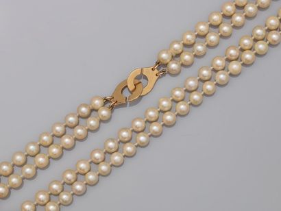 null Double row cultured pearl necklace, handcuff clasp in 18k yellow gold - Length:...