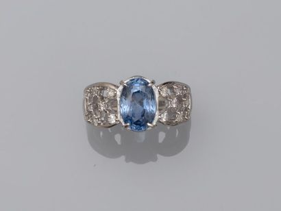 null Openwork platinum band ring surmounted by an oval unheated sapphire of 3.43cts...