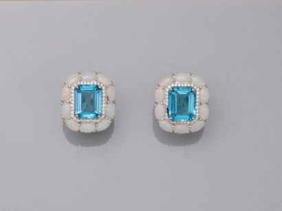 null Pair of 18k white gold clip earrings topped with rectangular blue topazes in...