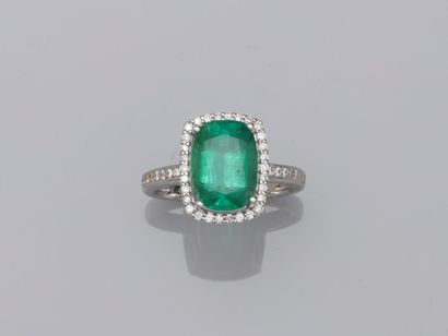 null Ring in 18k white gold with a rectangular emerald surrounded by a line of diamonds...