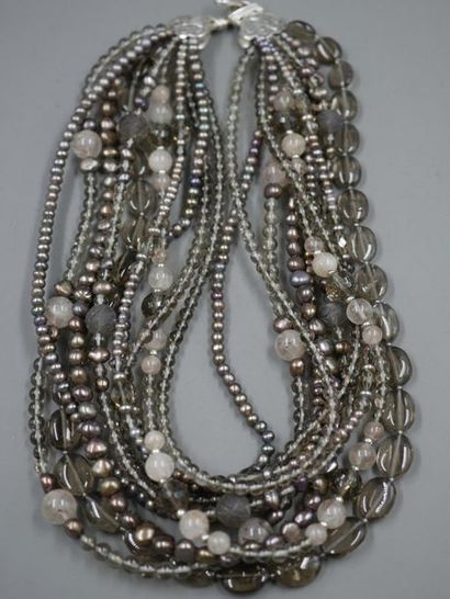null STEPHEN DWECK - Necklace with ten rows of colored stone pearls, quartz, cultured...
