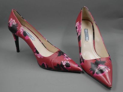 null PRADA - Pair of red leather pumps with black and pink flowers pattern - Size...
