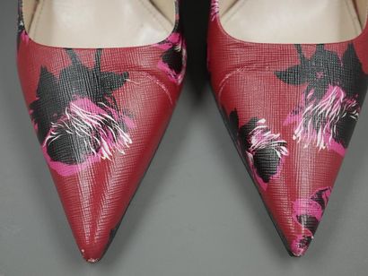 null PRADA - Pair of red leather pumps with black and pink flowers pattern - Size...