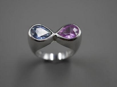 null 18k white gold ring surmounted by two sapphires, pink and blue, joined head...