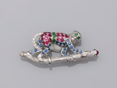 null 18k white gold Ouistiti brooch representing a small monkey on its branch paved...