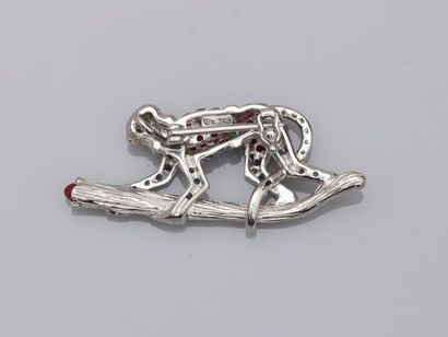 null 18k white gold Ouistiti brooch representing a small monkey on its branch paved...