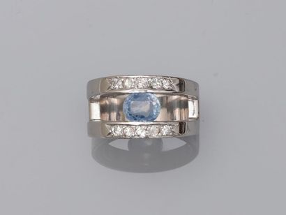 null Double ring in 18k white gold encircling a sapphire probably Ceylon surrounded...