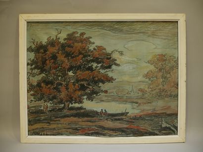 null Jean PESKÉ (1870-1949) - Bord de l'étang à l'automne - Huile sur toile marouflée...