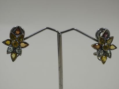 null A pair of 18k blackened gold flower earrings set with yellow, orange, pink and...
