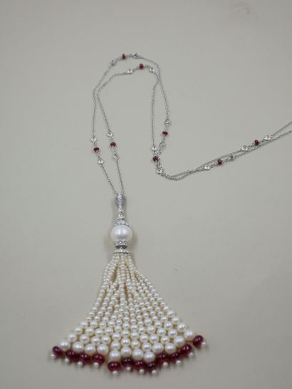null Bayadère long necklace in 18k white gold set with diamonds and ruby pearls,...