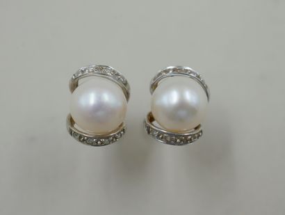 null A pair of 14k white gold earrings set with a cultured pearl and a line of diamonds....