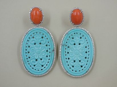Pair of 18k white earrings set with openwork...