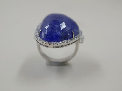 null 18k white gold ring set with a large facetted tanzanite of 50cts circled by...