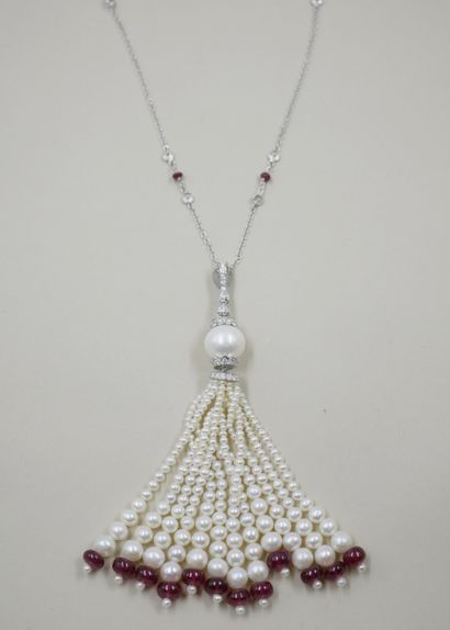 null Bayadère long necklace in 18k white gold set with diamonds and ruby pearls,...