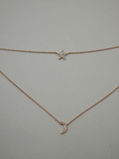null Necklace in 18k pink gold holding two chains with a star and a moon motif paved...