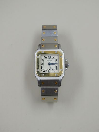 null CARTIER - Gold and steel watchband "Santos" model - Square case - Cream dial...
