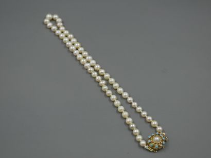null Necklace of cultured pearls in fall - Circular clasp in 18k yellow gold set...