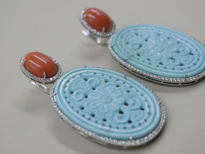 null Pair of 18k white earrings set with openwork turquoise medallions engraved with...