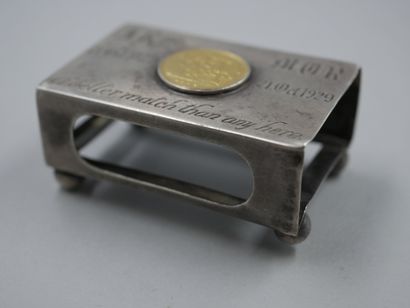 null Silver matchbox holder decorated with a gold coin representing a knight dated...