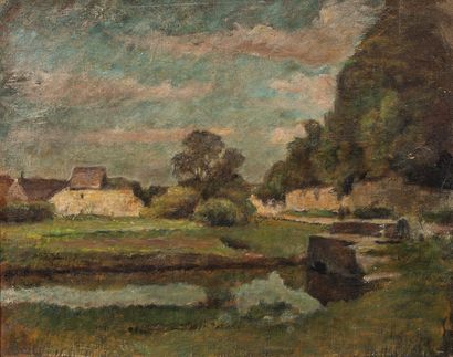 null Vente d'atelier : Franck BAIL (1858-1924) - Vue d'un village de campagne - Huile...
