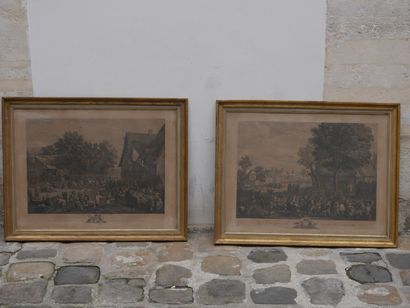 null Paire de gravures en noir "Première et deuxième fête flamande" d'après TENI...