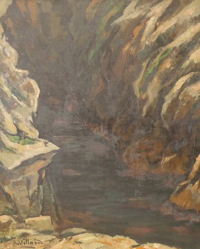 null A. VILLARD - Entrée de grotte - Huile sur toile - Signée en bas à gauche - 65...