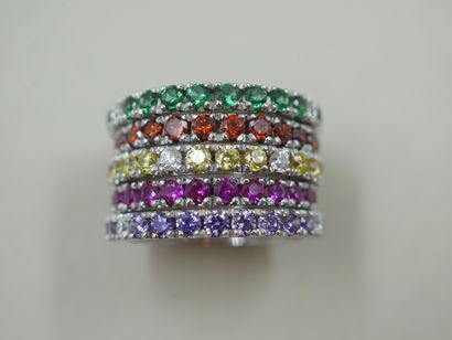 null Band ring in 18k white gold set with lines of purple, pink, yellow, orange and...