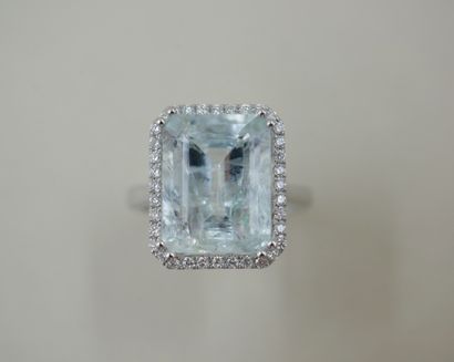 null 18k white gold ring with a large rectangular aquamarine of about 6cts surrounded...