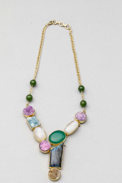 null Gilt bronze necklace with agate, labradorite, moonstone and quartz
