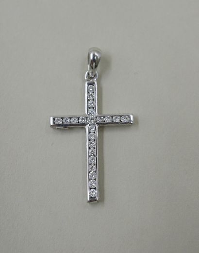 null Double-faced cross pendant in 18k white gold with interlacing design and paved...