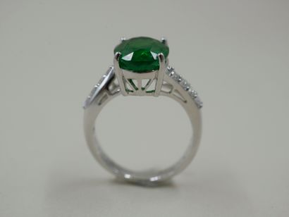 null 18k white gold ring centered with an oval tsavorite garnet of 5.20cts, surrounded...